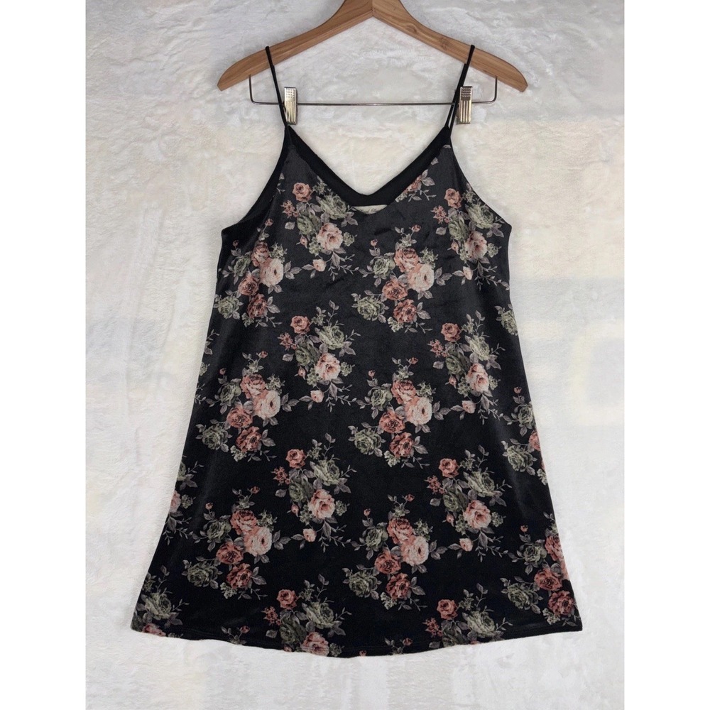 Final Touch Velvet Mini Slip Dress Women Small Black Floral Print Sexy Soft USA